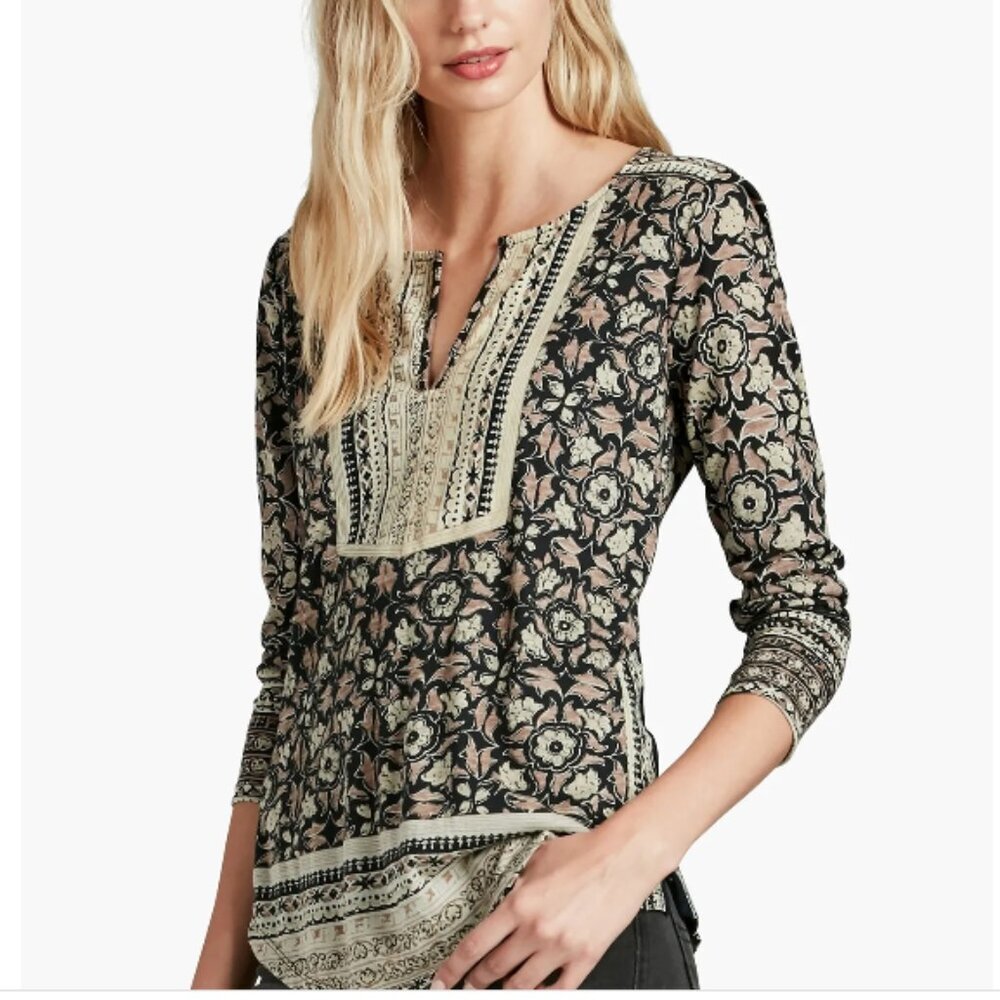 Lucky Brand | Woodblock Floral Top in Cowhide (Black/Brown), Boho Size Large